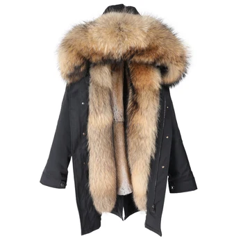 Günstig Lange Parka Winter Jacke Abnehmbare Natürliche Waschbären Pelz Kragen Kaninchen Pelz Liner Dicke Warme Frauen Echtpelz Coat2020 Luxus Neue