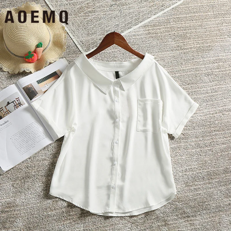 

AOEMQ Fashion Slash Noble Shirts Women Tops 2 Colors Solid Double-layer Collar Shirts Short Sleeve Autumn Shirts&Blouse Clothing