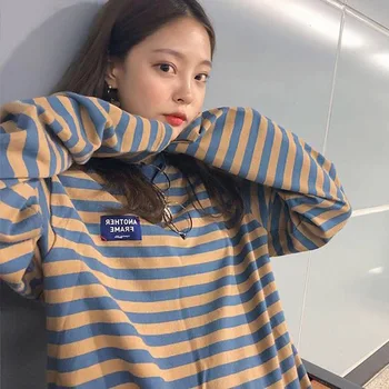 

Women Lady Stripe Long Sleeve Round Collar T-shirt Top Casual Soft for Autumn d88