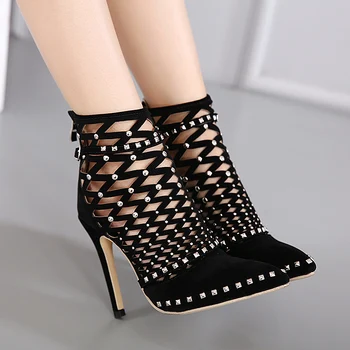 

2019 new suede hollow mesh buckle rivets rhinestones super high-heeled pointed sandals women
