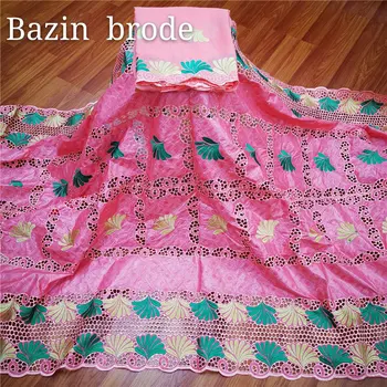 

2020 New Arrival African Bazin Riche Fabric Embroidered French Bazin Riche Brocade Fabric And 2 Yards Mesh Net Lace Fabric Sets