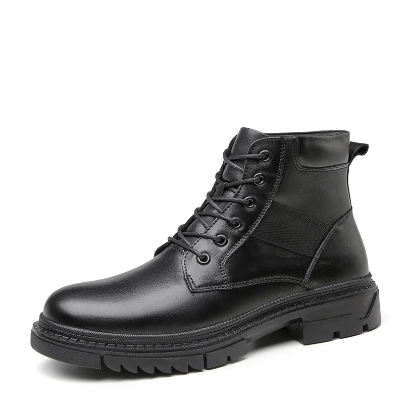 Black plus velvet Новинка; зимние мужские кожаные ботинки; повседневные ботильоны на шнуровке; дышащие мужские мотоциклетные ботинки; обувь; большой размер 48 - Цвет: Black plus velvet