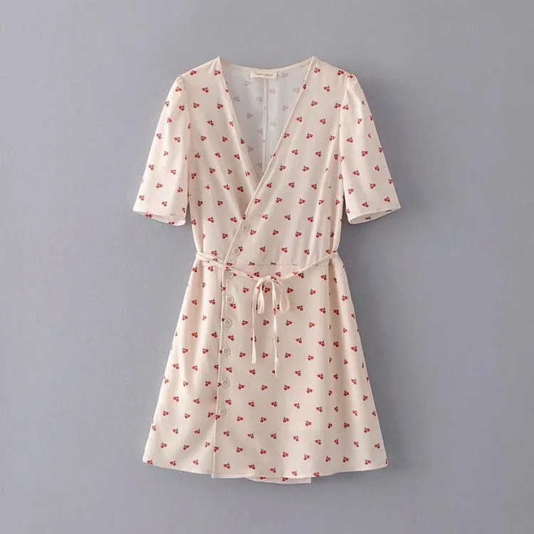 

WOMEN'S Dress 2019 Spring New Style French Cherry Printed Waist Hugging Button down V-neck Wrap Dress Women's S3020