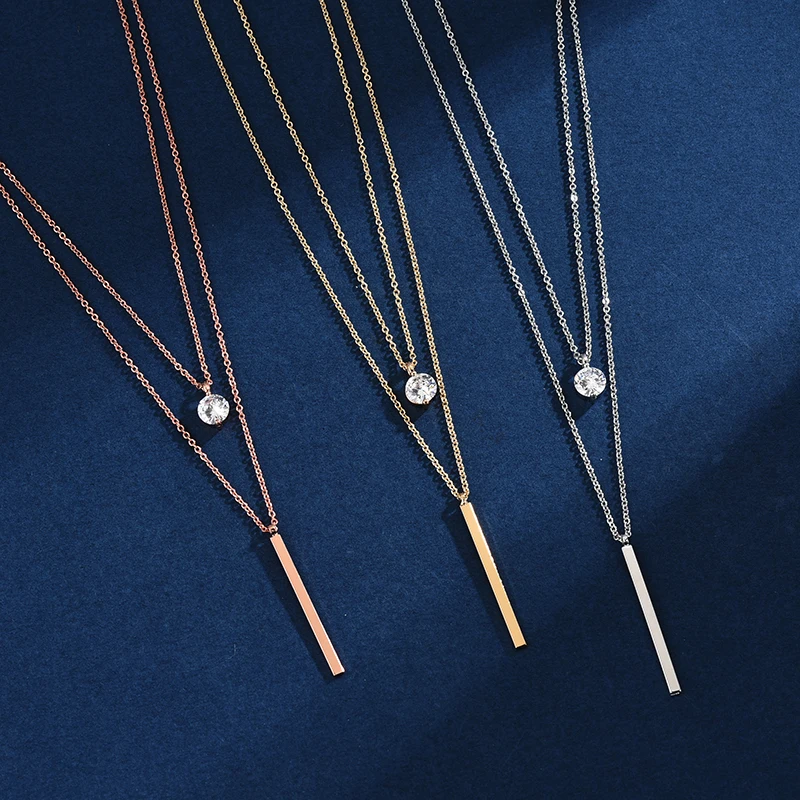 925 Sterling Silver Double Layer Round Shiny Zircon Pendant Necklace for Women