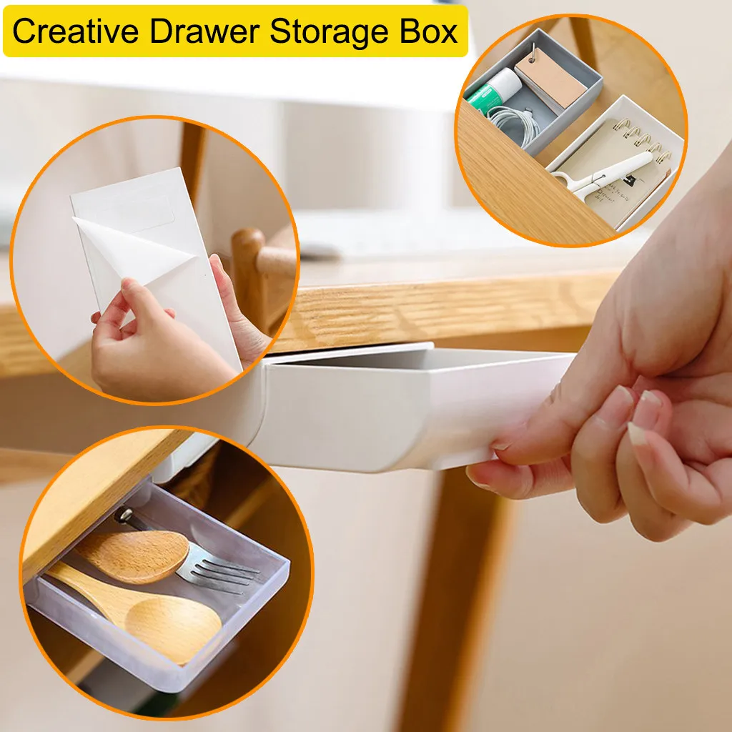 

Hidden Table Under Paste Plastic Desk Organizer Memo Pen Stationery Storage Box Case Drawer Divider Stationery Sticky Decor #Y5