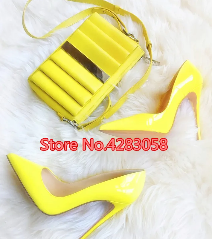 

Free shipping fashion Casual Designer women pumps yellow patent leather pointy toe heels stiletto heel women shoes 12cm 10cm 8cm