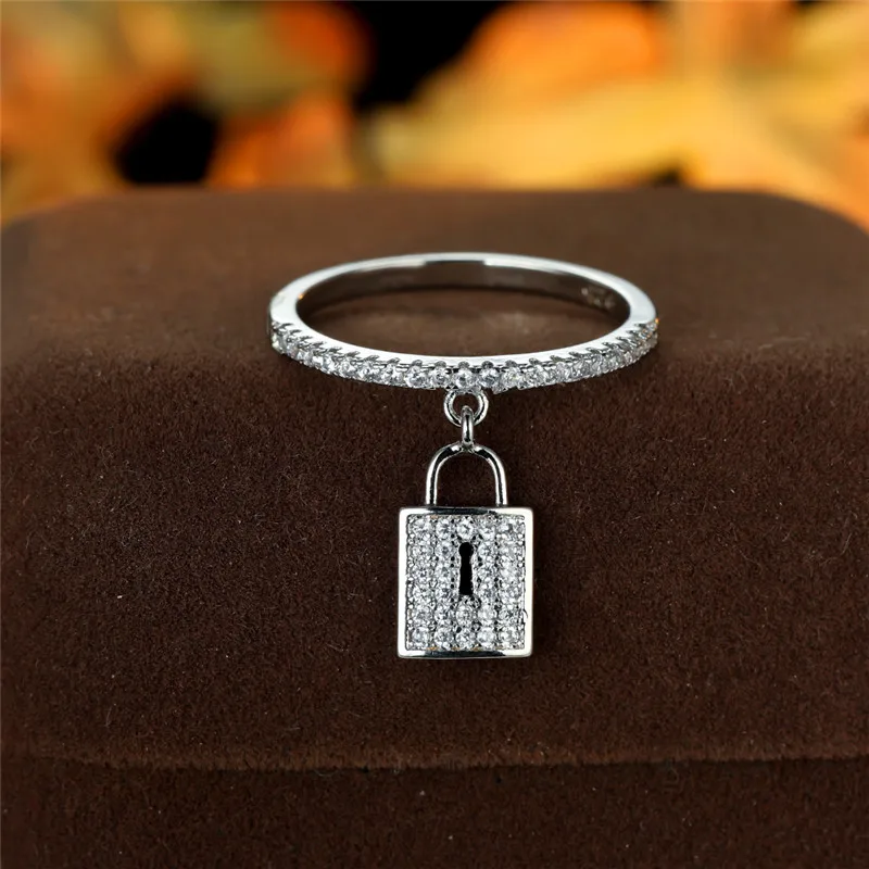 Luxury female crystal lock pendant ring trendy gold silver color engagement jewelry charm white zircon wedding rings for women crystal rings engagement rings zircon rings stone rings fashion rings gold rings wedding rings fashion ring finger rings metal rings