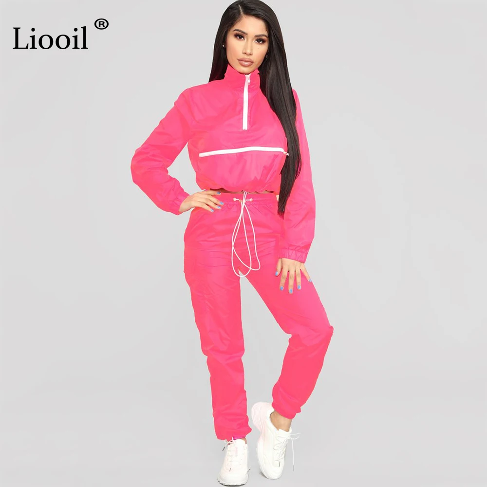 Liooil Neon Green/женская одежда комплект из двух предметов, спортивный костюм осень, укороченный топ с длинными рукавами на молнии и спортивные штаны, комплекты для бега