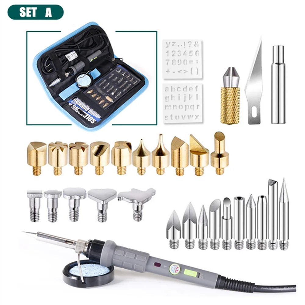 A PJLSW Wood Burning Kit Carving Pyrography Pen Kit 60W Adjustable Temperature Soldering Iron Welding Wood Embossing Burning set - Цвет: A