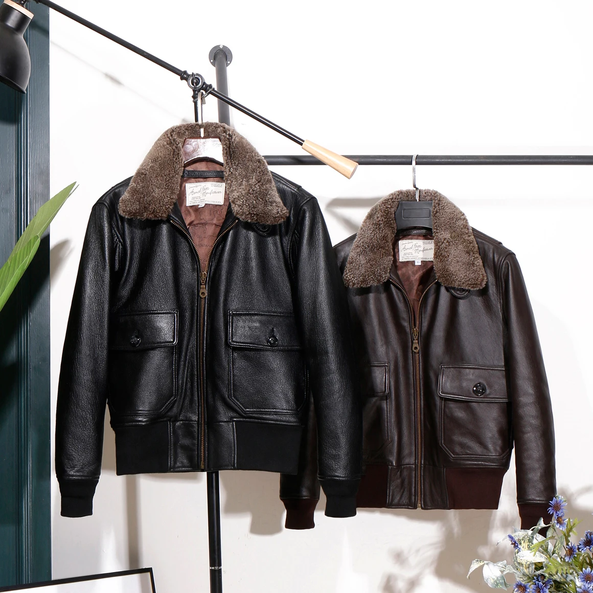 

Thick Shrinkage Goatskin Leather Genuine Clothes Waist Hugging G1 Pilots Jacket Men's Fur Collar plus Cotton Air Force Coat