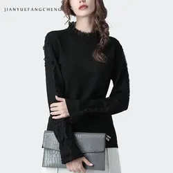 Модный женский черный свитер с кружевным воротником, вязаный свитер размера плюс, теплый осенне-зимний топ, повседневная верхняя одежда