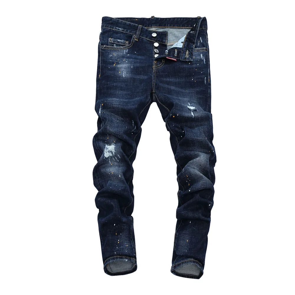 Dsq-pantalones vaqueros de estilo europeo para hombre, jeans ajustados de marca dsq, Vaqueros rectos de retales con botones y agujeros azules