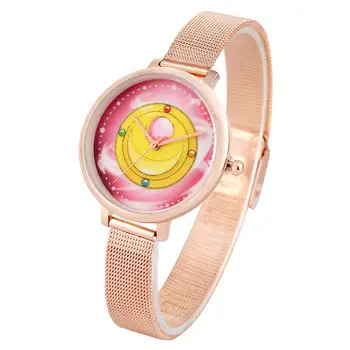 

Adorable Sailor Moon Style Dial Quartz Watch for Children, Comfortable Rose Gold Stainless Steel Band Watches for Girls, Solid S
