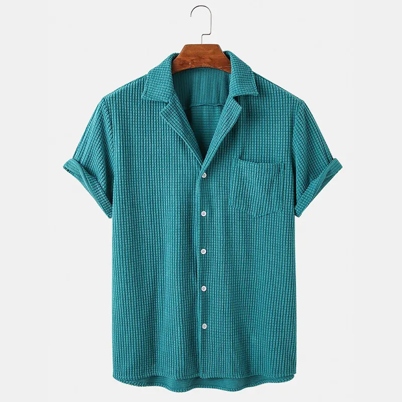 Men's Corduroy Plaid Short Sleeve Shirt Summer Fashion Casual High Quality Pure Color Breathable Shirt Men's Clothing Top 2021 blue short sleeve shirt Shirts