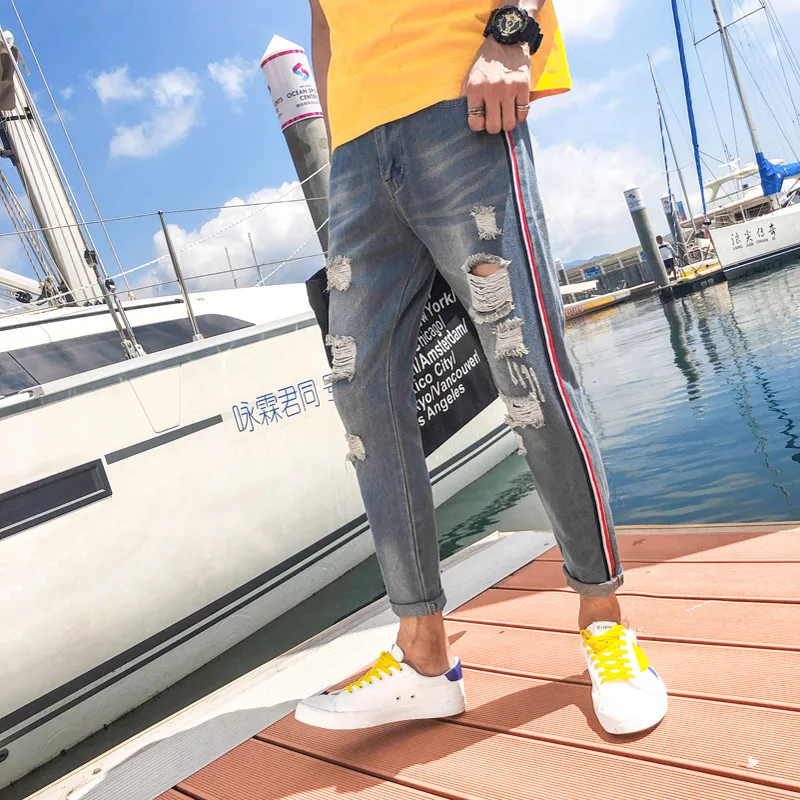 Men Stretchy Ripped Skinny Biker Print Jeans Hiphop Destroyed Hole Cuffs Loose Fit High Quality Ankle Length Jeans Plus Size