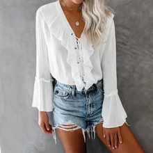 Casual V-Neck Women Pleated Tunic Tops Popular Shirts Blouse Long Sleeve T-Shirts Casual Blouses