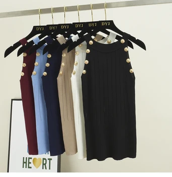 

Summer Button Hollow Out Ice silk Knitted Tank Tops Female Girls Double Breasted Sleeveless Sweater Tanks Sexy