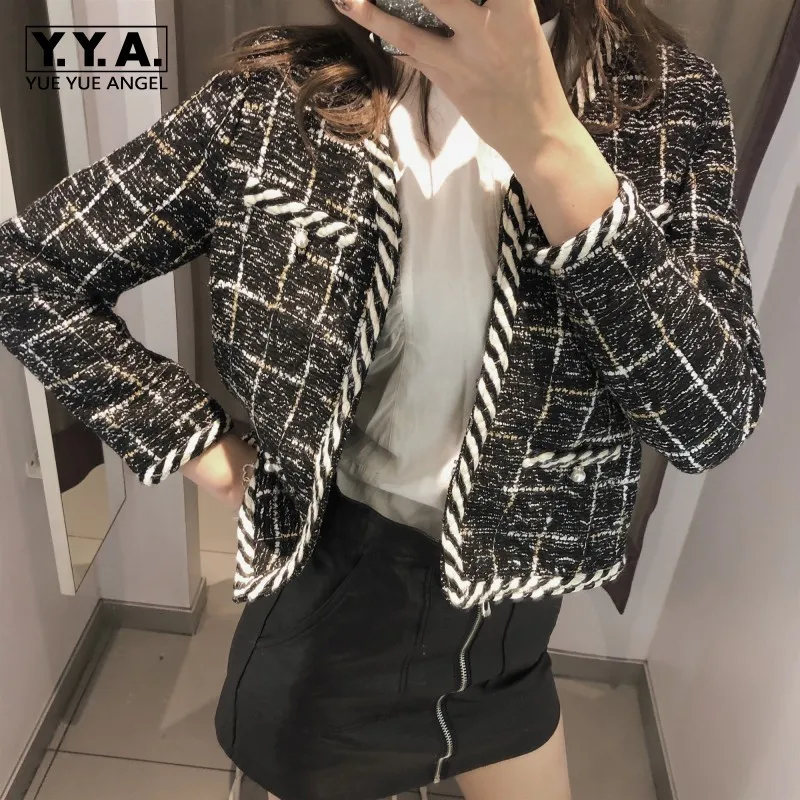 

Fashion New Design Spring Autumn Womens Chic Plaid Tweed Jackets Long Sleeve V-Neck Pearls Office Ladies Short Open Stitch Coats