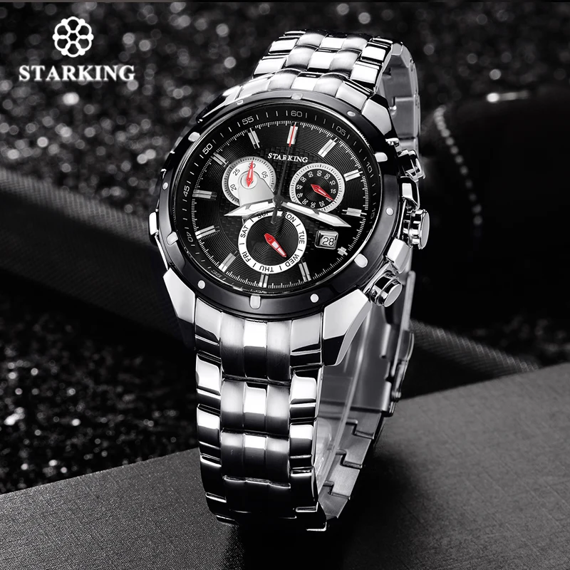black wristwatch STARKING Мужские кварцевые часы Роскошные Брендовые повседневные военные армейские светящиеся черные часы водонепроницаемые часы с хронографом из нержавеющей стали - Цвет: black wristwatch