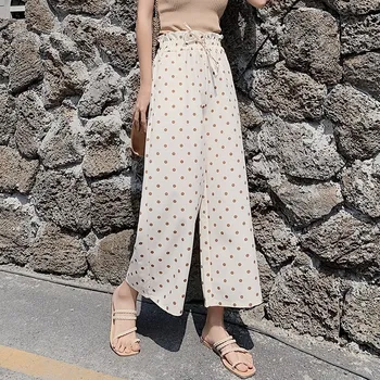 

Women Summer Korean Polka Dot Print Pants Boho High Waist Chiffon Pant Loose Wide Leg pantalon femme