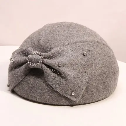 Classic Big Bow Women Beret Cap Rhinestone Fedora Hat Red Camel Grey Elegant Ladies Autumn WInter Pure Wool Stewardess Cap - Цвет: Grey