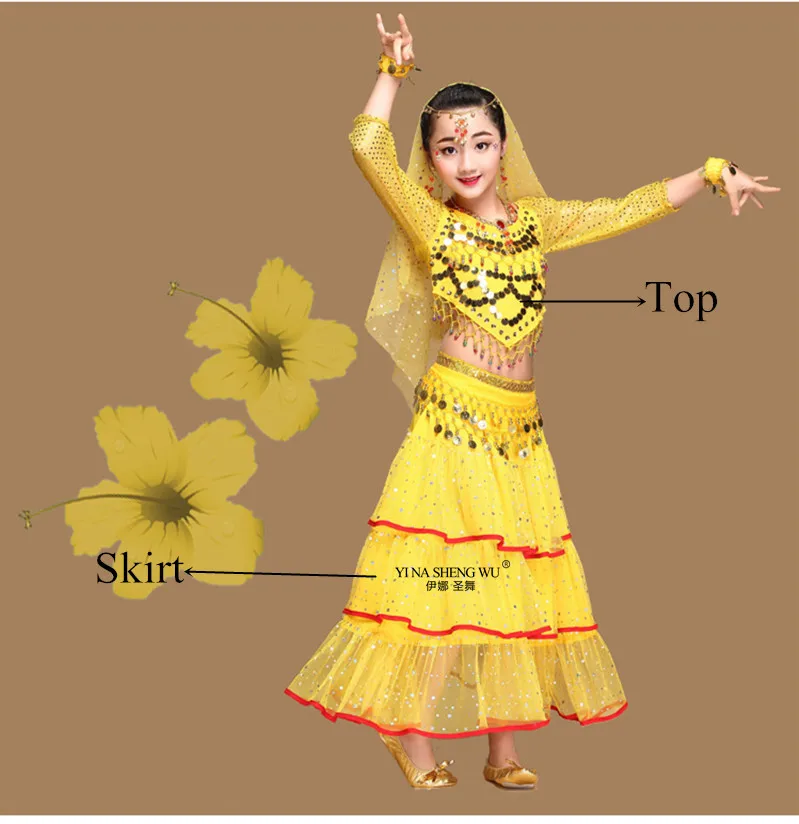 Yellow 2pcs Новинка, 3 цвета, для детей, девочек, Болливуд, набор костюма для танца живота, восточные танцы, детские платья, индийская одежда для танца живота - Цвет: Yellow 2pcs
