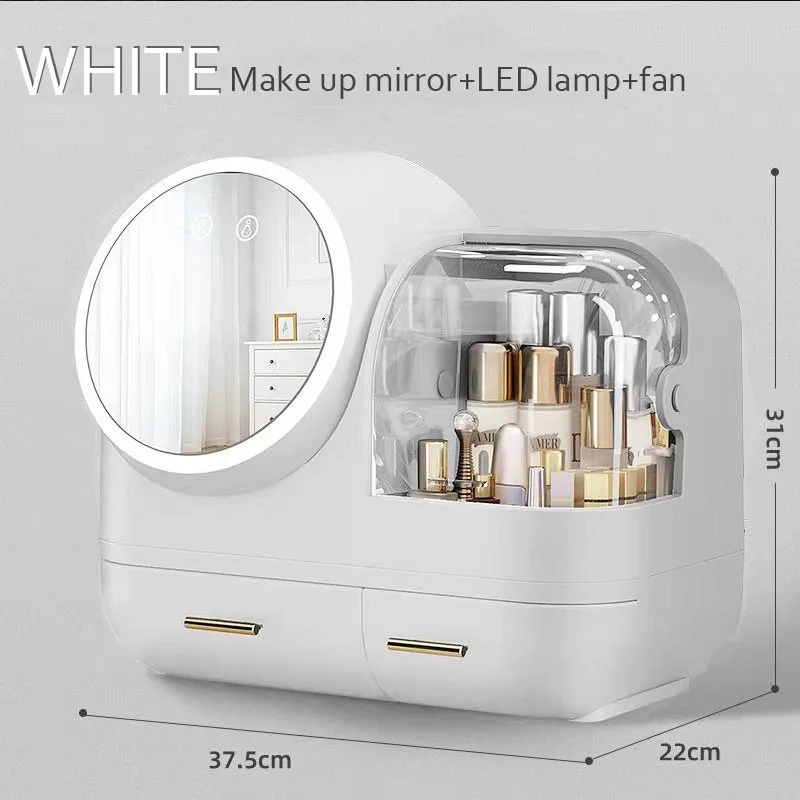 Fashion Makeup Organizer BOX USB Rechargeable Cosmetic Storage Box Jewelry Container Dustproof Drawer Waterproof Mirror LED Lamp 