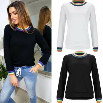

2019 Women Rainbow Colorblock Long Sleeve Tops Blouse Rainbow Printed Crew Neck Casual Tops Plus Size Blusas Harajuku
