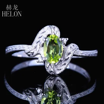 

HELON Solid 10k White Gold Certified Oval 4x6mm Genuine Natural Peridot & Diamond Vintage Antique Women Engagement Wedding Ring