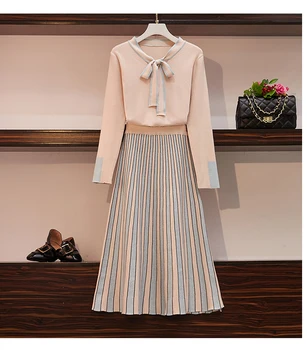 

Women Bowknot Knitted Jumper Tops Sweaters +Shining Sequnied Patchwork Skirts Sets Knit Maxi Skirt 2 Pieces Sets