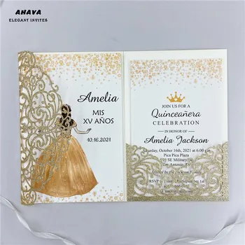 

60PCS Glitter Champagne Elegant Flower Laser Cut Wedding Cards Glitter Shining Invitation Pocket for Wedding with Envelope