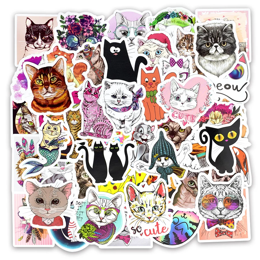 50PCS Cat Stickers Kawaii Cartoon Kitty Animal Stickers Waterproof Vinyl Laptop Decal Sticker for Laptops Notebook Luggage Phone