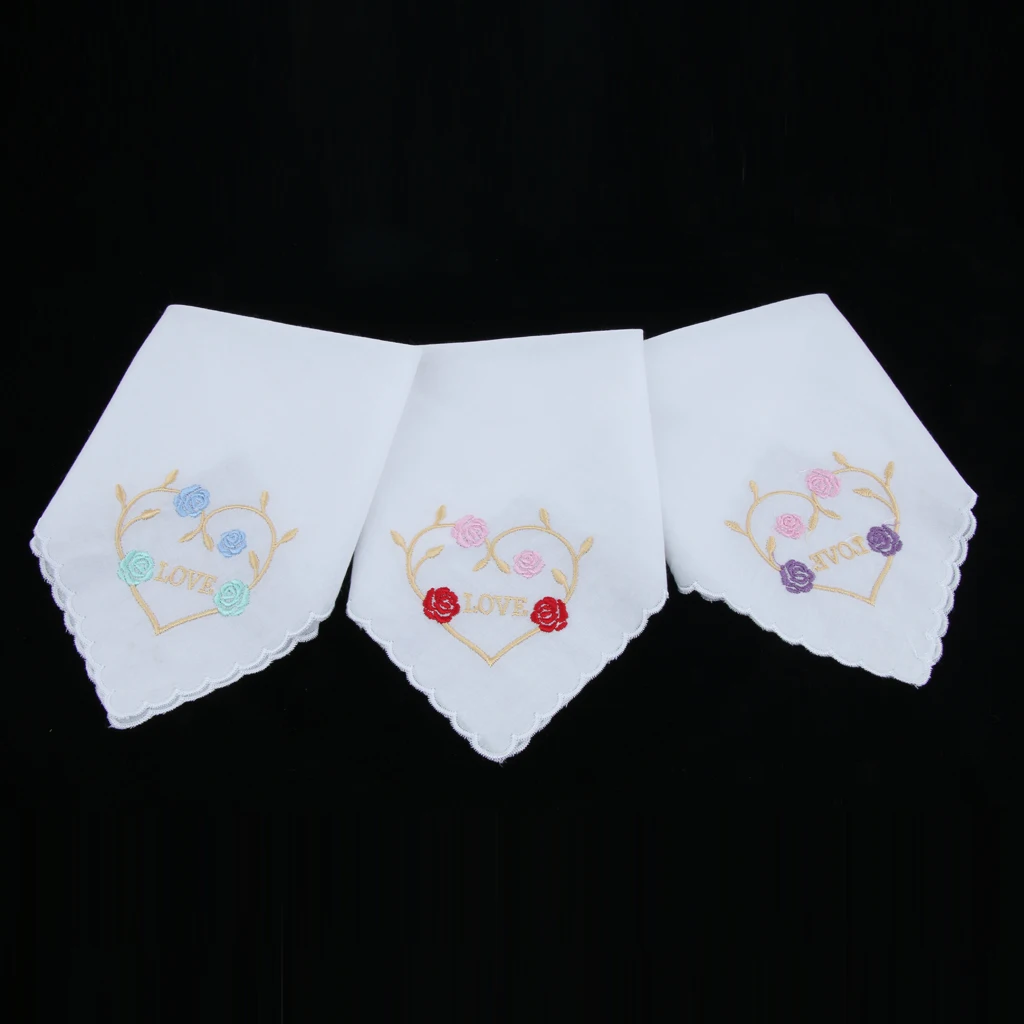 Ladies Ladies Cotton Heart Floral Embroidery Handkerchiefs Hanky ​​Set From 3