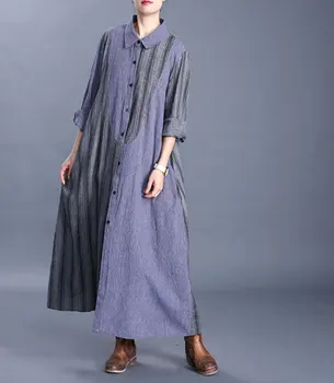 

2020 Spring Fashion Striped Hit Color Womens Loose Dress Chinese Style Retro Single Breasted Lapel Cotton And Linen Long Dress
