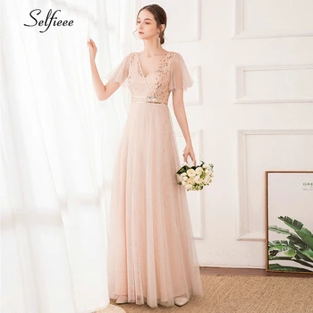 

Elegant Blush Maxi Dress A-Line Double V-Neck Short Ruffles Sleeve Sequined Ruched Tulle Striped Women Dress Vestido De Festa