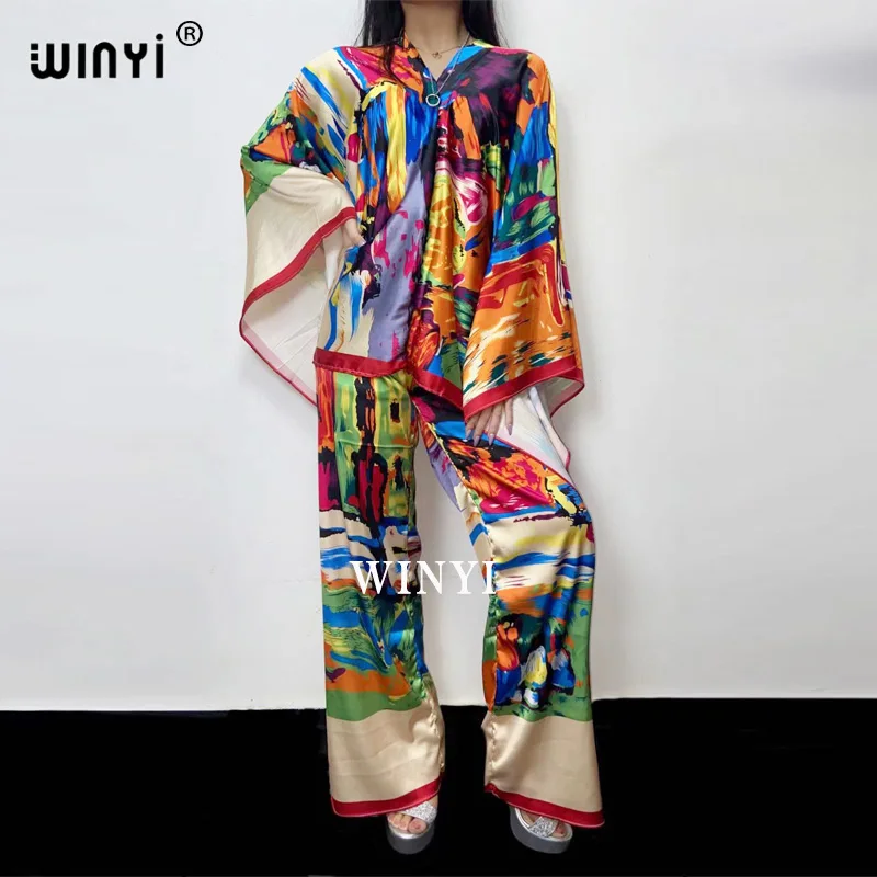 WINYI two-piece suit Bohemian Printed Over Size V-neck Batwing Sleeve Dress Women Elastic Silk Floor Length New Fashion Tide