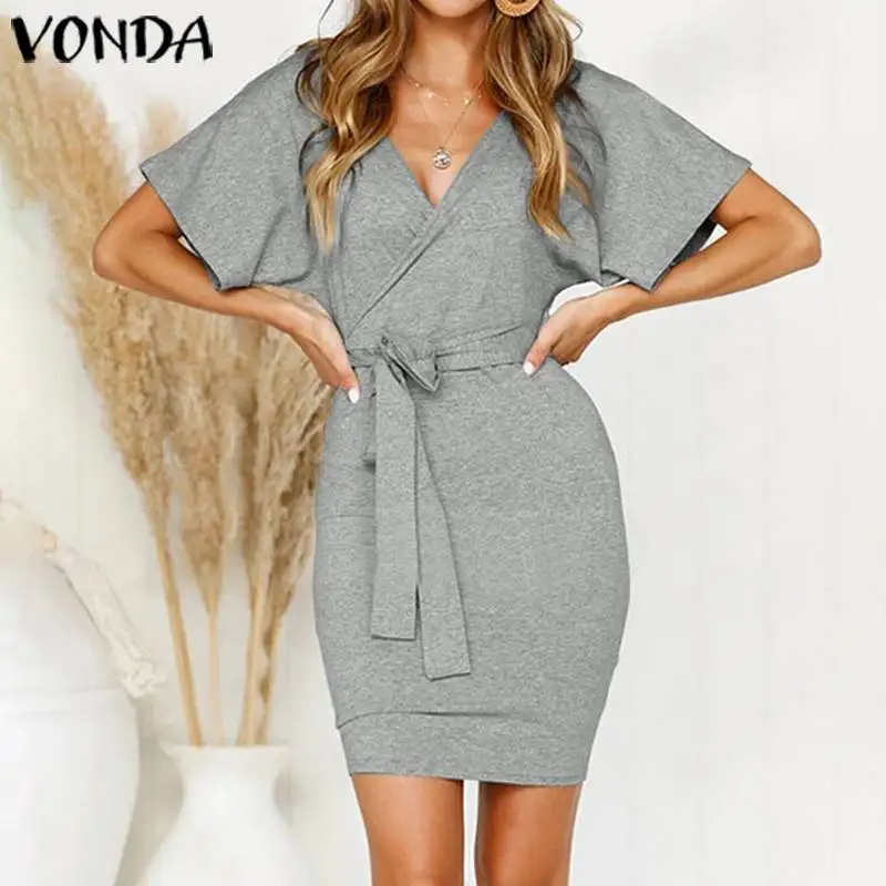 VONDA 2020 Summer Dress Women Sexy V Neck Short Sleeve Solid Color Party Mini Dresses Plus Size Bohemian Slim Vestidos Femme 5XL | Женская