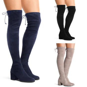 

Over-the-Knee Boots Women Faux Suede Thigh High Boots Solid Block High Heels Lace Up Fashion Ladies Winter Boots Botas Mujer D40