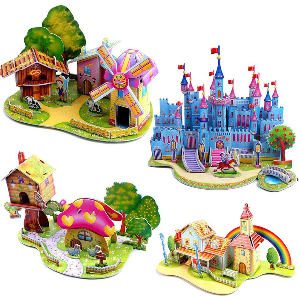 3D DIY Puzzle Castle Assembling Model Cartoon House Paper Toy Kid Early Learning Construction Pattern Gift Children House Puzzle diy house kits