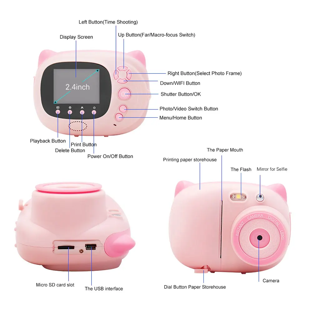 15 MP 1080P HD Mini Cute Children Video Photography Camcorder Photo Camera with 2.4 Inch TFT IPS Screen WiFi Instant Printing