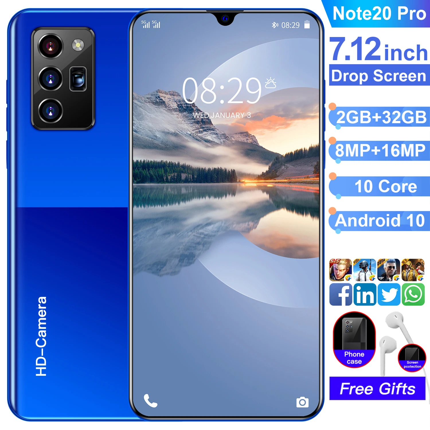 HD + в виде капли воды Экран Note20 pro мобильного телефона 7 12 ''глобальная версия 32GB