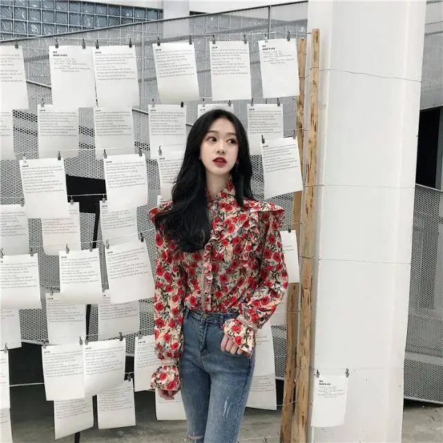 Women 2020 spring Vintage Floral Shirt Long Puff Sleeve Stanf Neck Blouse Single Breasted female Korean Elegant Blusas Tops 6