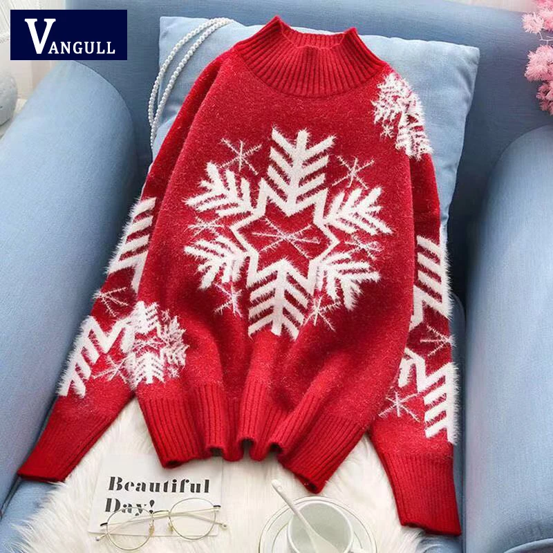 

Vangull Red Christmas Sweaters Snowflake Xmas Patterned Half-Turtleneck Knitted Pullover Women Long Sleeve Winter Warm Jumper