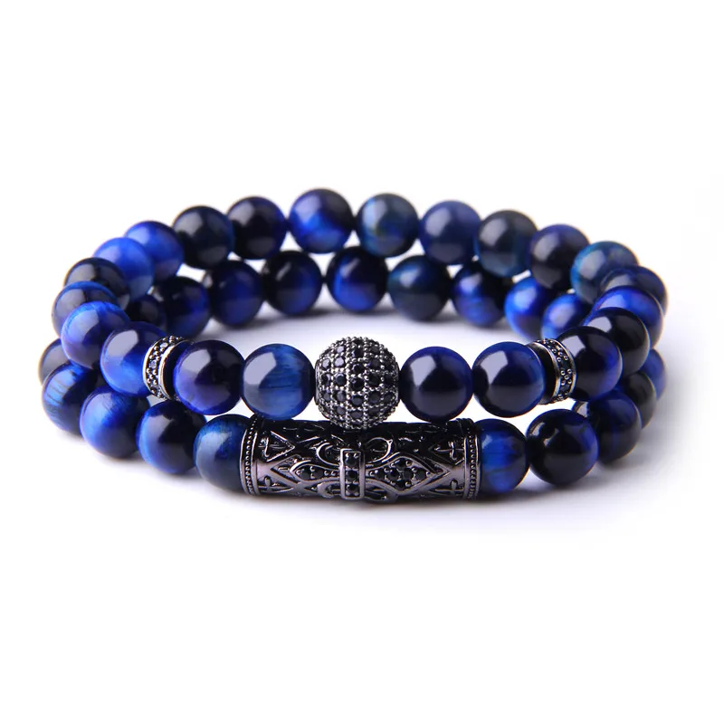 Günstig 2 stücke frauen männer armband Blau Tigerauge Armbänder Natur Stein armbänder für frauen Männer paare Freundschaft Armbänder CZ perlen