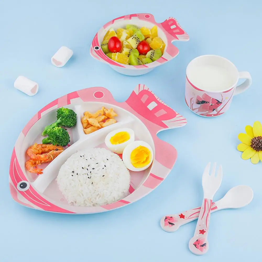 3/5pcs Cute Children Tableware Newborn Baby Cartoon Animal Feeding Plate Set Biodegradable Bamboo Fiber Bowl Cup Fork Spoon Set