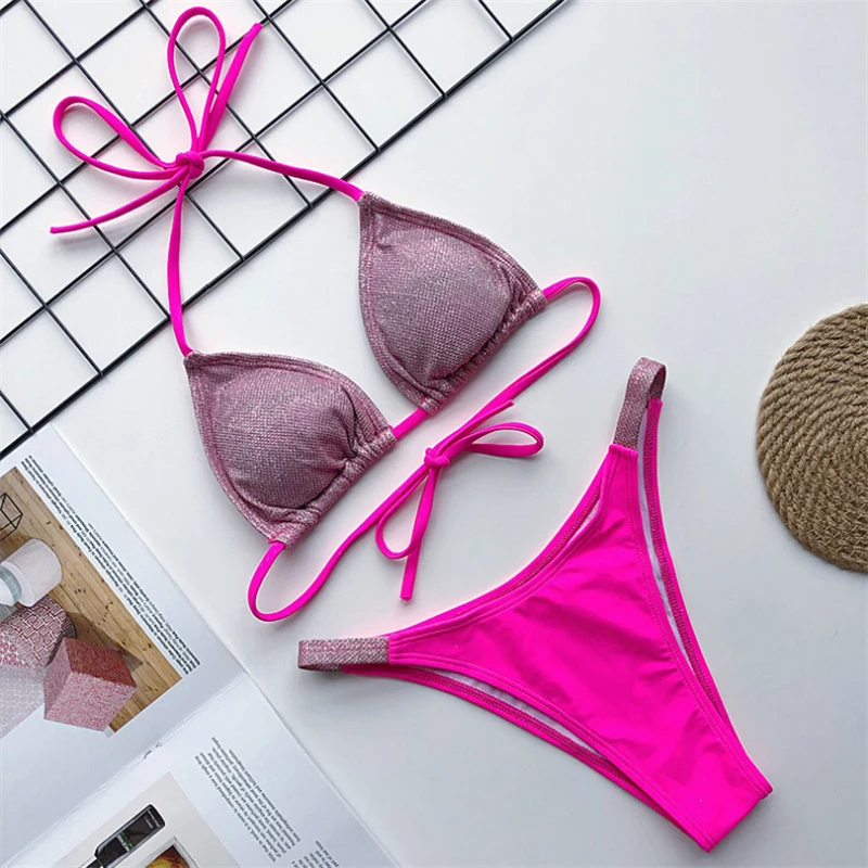 JCSWIM, сексуальные стринги, бикини, купальник,, бандаж, блестящий, купальник для женщин, две части, низкая талия, Холтер, купальник, бразильское бикини