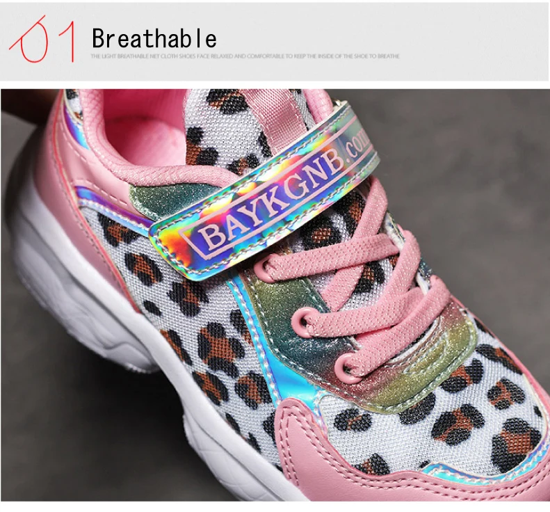2019 Autumn Leopard Girls Sneaker Kids Shoes Fashion Breathable Pink Casual Sports Running Shoes For Girl Brand Children Shoes (4)