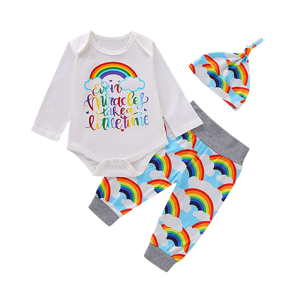 Одежда для новорожденных; комбинезон с длинными рукавами и надписью для маленьких девочек; радужные штаны; шапка; костюм для новорожденных девочек; bebek