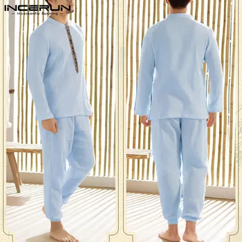 

Men Cotton Pajamas Sets 2020 Autumn Long Sleeve Buttons Tops Long Pants Sleepwear Suits Solid Comfy Pajamas Suits 5XL INCERUN 7