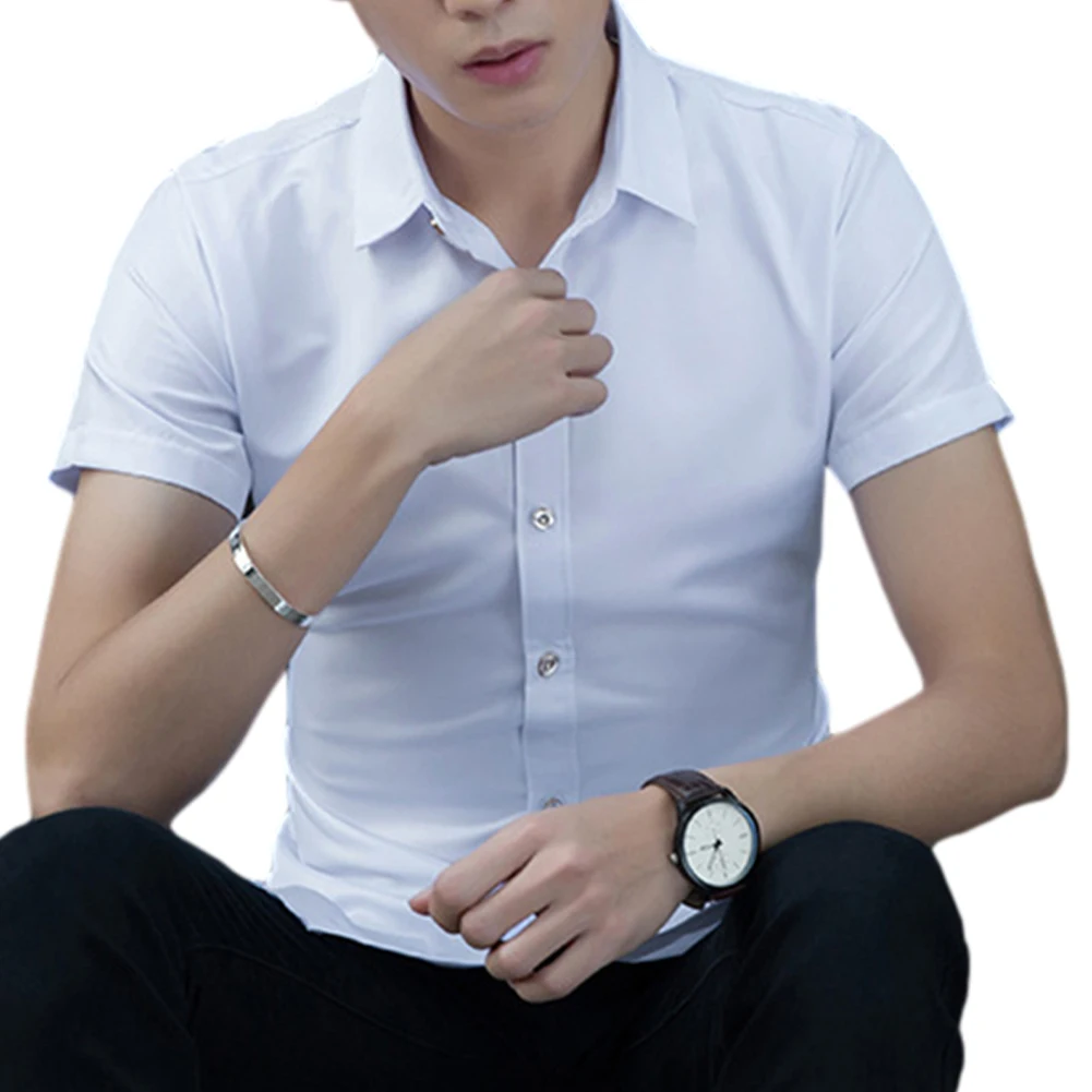 Camisa de manga corta para hombre, prenda de vestir, ajustada, de Color blanco puro, a la moda, para negocios y Social